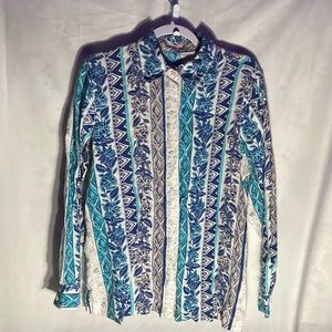31-14 LIZ CLAIBORNE white blue gray floral geometric linen button up top XL